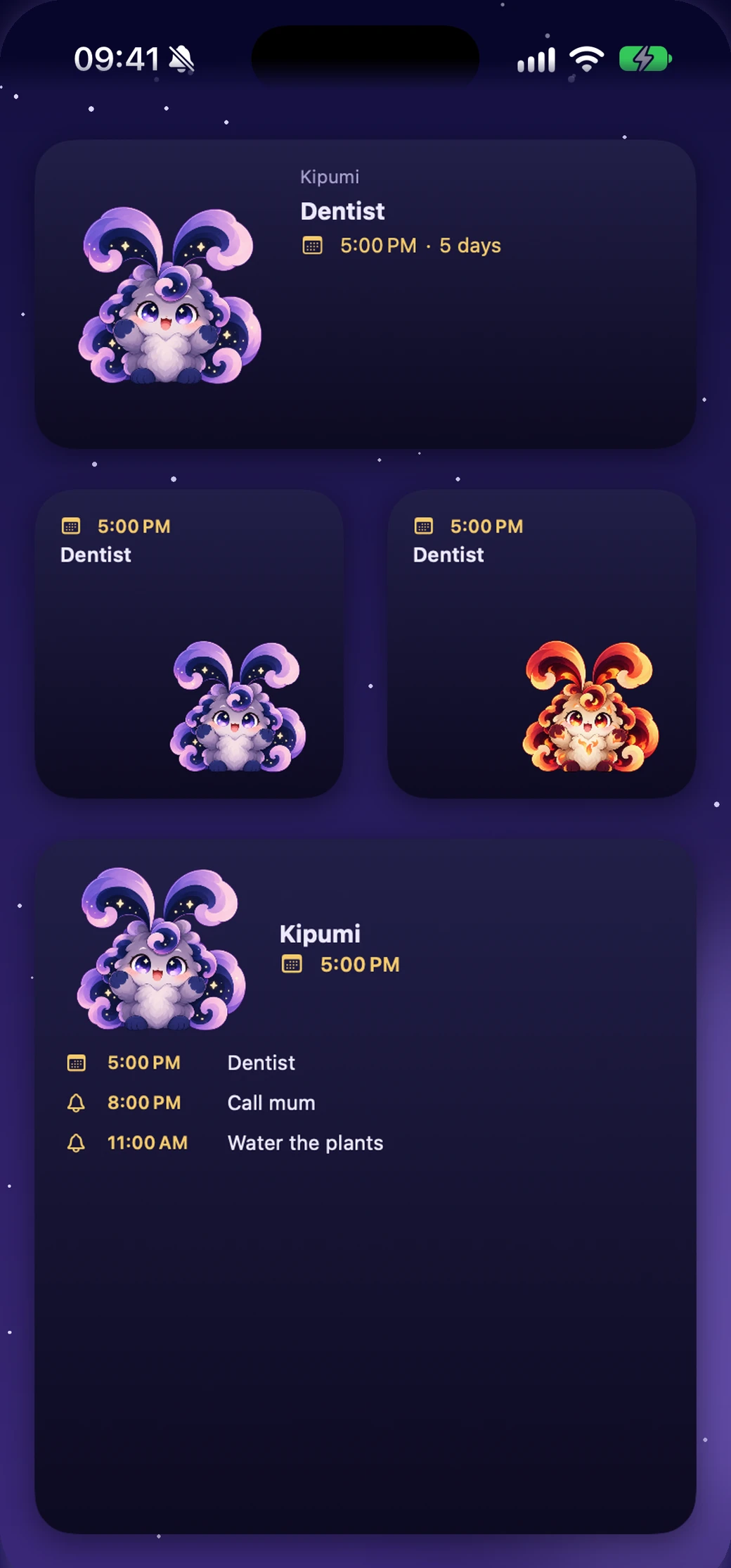 Kipumi's widgets on the Home Screen, showing what's next